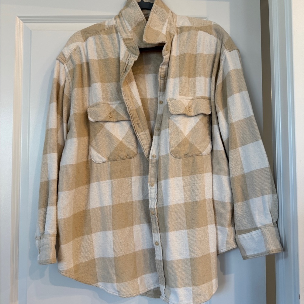 aerie Beige and White Plaid Button-Down Shirt